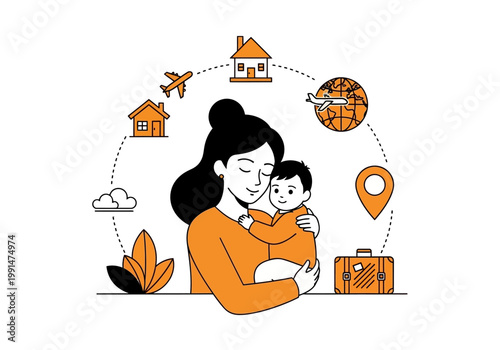 Mother and Baby with Travel and Relocation Icons Illustration – Family Vacation, Global Moving, and Adventure Concept