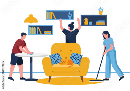 Family and Friends Cleaning Living Room Together Vector Illustration, Housekeeping Concept with People Mopping, Wiping Surfaces, and Organizing Shelves