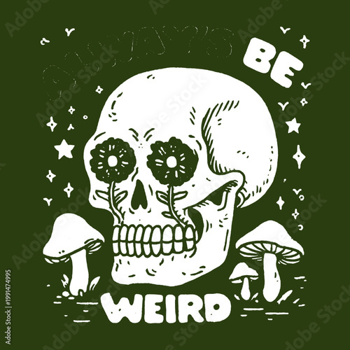 Embrace your uniqueness with this vintage-style skull and flower design for a quirky and fun t-shirt