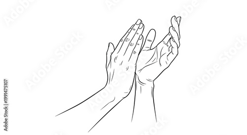 Detailed line art illustration of two hands clapping together against a white background representing applause appreciation and celebration.