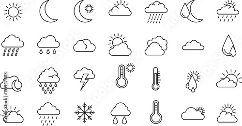 Weather forecast icons display various conditions including sun, moon, clouds, rain, and snow on a digital screen