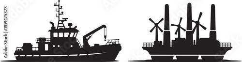 Black silhouette ships, cargo vessel, tugboat, industrial fleet icons, vector graphics