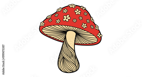 Detailed illustration of a red mushroom cap decorated with small yellow flowers and an intricately textured stem on a white background.