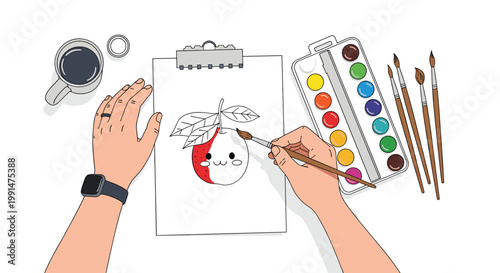 Artistic top down view of a person using a paintbrush and watercolors to color a cute character on a clipboard surrounded by art supplies.