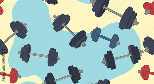 Seamless background pattern of heavy workout dumbbells in various colors like black blue and red on a beige background with blue shapes.