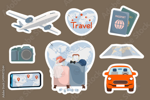 Vector collection of travel stickers including a passenger plane orange car passports and a world map. The set features a romantic heart shaped illustration with suitcases decorated for a honeymoon tr