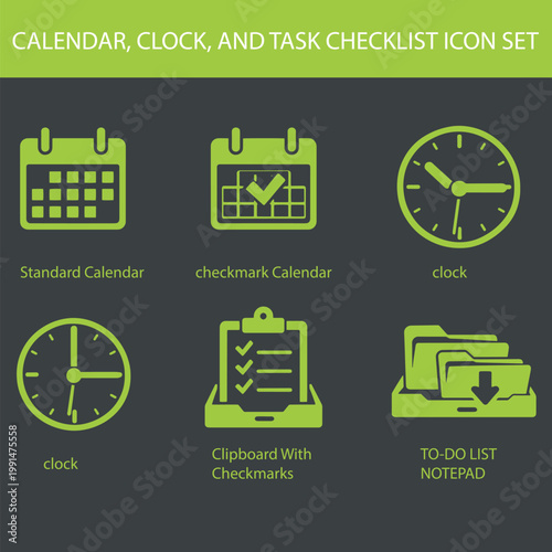 calendar, clock, and task checklist icon set.