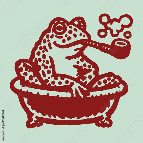 Quirky vintage frog lounging in a bathtub with a pipe for a humorous t-shirt design