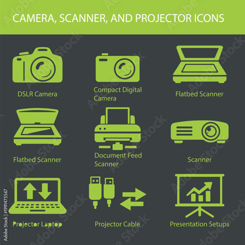 camera, scanner, and projector icon set.