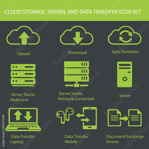 cloud storage, server, and data transfer icon set