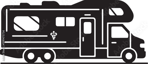Motorhome, RV, camper van, recreational vehicle, travel trailer, vector icon