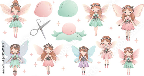 Whimsical fairy illustrations with various dresses and accessories in pastel colors