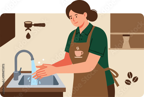 Woman wearing apron washing hands under kitchen sink faucet