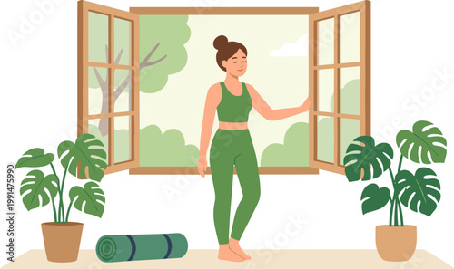 Woman practices yoga near window with plants and green mat indoors
