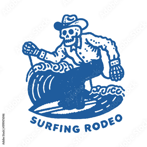 Vintage inspired surfing rodeo design featuring a skeleton cowboy riding the waves with a humorous touch