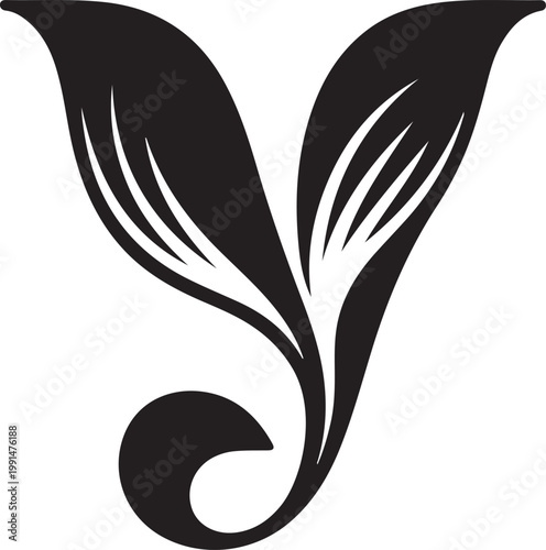 Stylized letter y decorated with leaf flourishes in a bold black and white alphabet typography