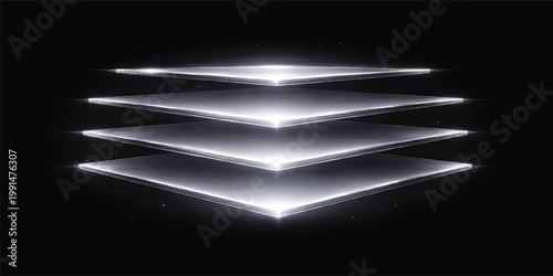 Futuristic Layered Data Stack with Glowing White Platforms, Abstract Cloud Storage Architecture, Digital Database Layers Technology Background with Copy Space