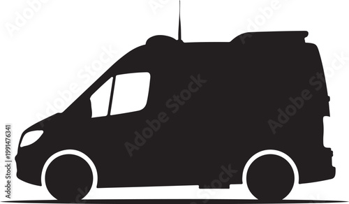 Van silhouette, black vehicle icon, delivery truck outline, transportation symbol