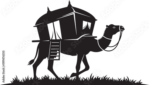 Black camel silhouette with ornate tent, desert animal vector icon