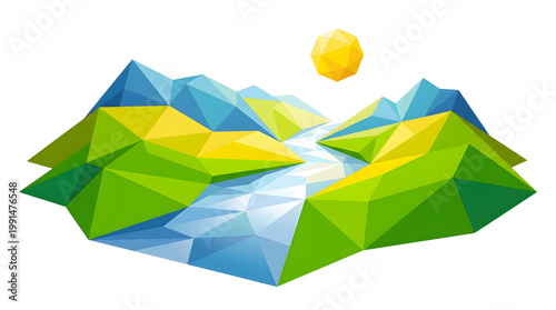 Modern Low-Poly Summer Landscape with River on White Background