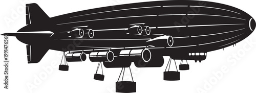 Black zeppelin airship, vintage dirigible, aircraft icon, transportation symbol