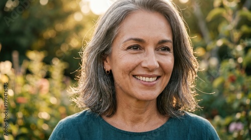 Joyful woman smiling in garden nature photography warm evening light portrait