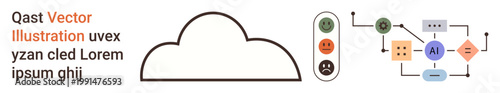 Cloud computing, data analysis, workflow management, artificial intelligence, technology integration, innovation processes. Cloud outline with a diagram combining emoticons and AI elements. Data