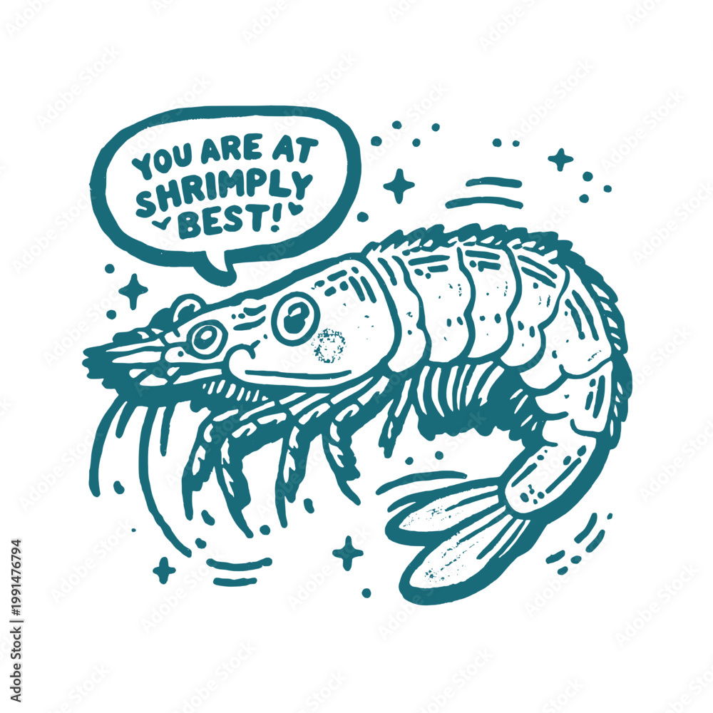 Obraz premium Delightful vintage shrimp illustration with a witty quote for fun-loving seafood enthusiasts
