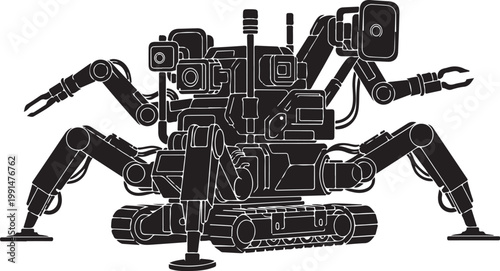 Robotic spider machine, industrial robot, mechanical creature, black vector illustration