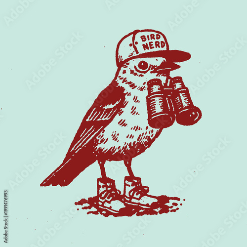 Quirky bird explorer wears sneakers and a cap, ready for adventure in a whimsical vintage style