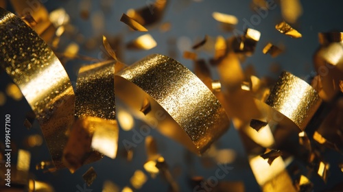 Golden confetti floating against a dark background festive celebration