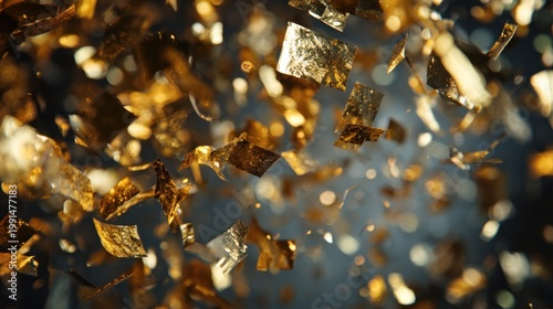Abstract background of floating golden pieces with bokeh effect