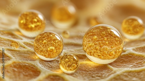 Close up macro shot of golden liquid droplets on textured surface