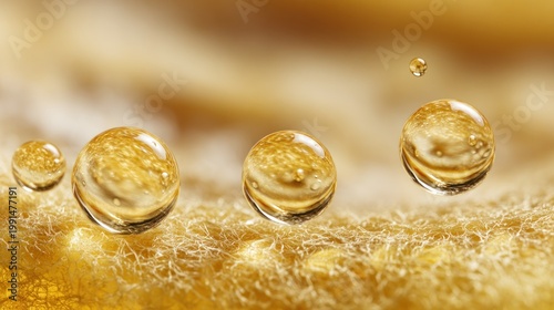 Close up of water droplets on a textured surface with soft lighting