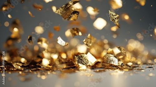 Abstract composition of falling golden flakes with shallow depth of field
