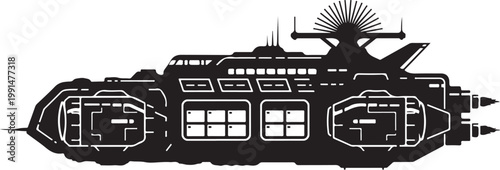 Futuristic spaceship, sci-fi vehicle, black illustration, white outline, futuristic design