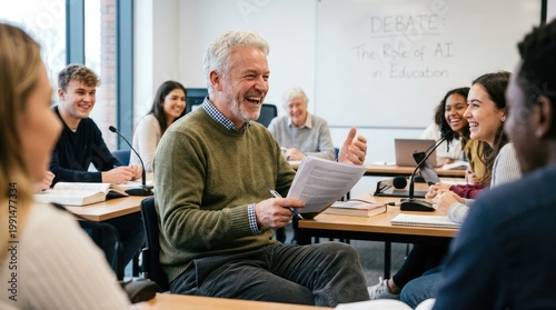 A group of people are engaged in a lively debate about the role of AI in education.