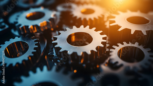 Close-up of metallic gears meshed together, industrial background with warm light flare effect