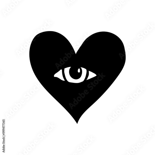 Hand-drawn vector heart shape with a detailed single human eye in the center. Black and white minimalist concept illustration of vision, love, and insight.
