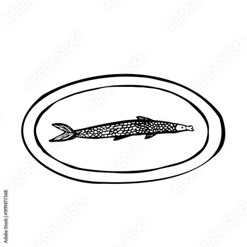 Hand-drawn vintage fish on an oval plate. Minimalist vector illustration of a sardine or anchovy served as a snack, appetizer, or seafood dish for restaurant menus and culinary designs