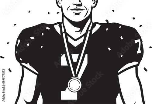 American football player, medal winner, sports illustration, black and white vector