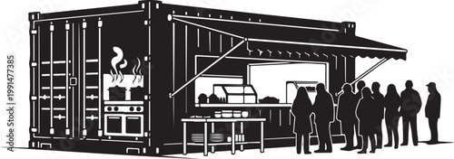Container, shipping container, food truck, kitchen, vector illustration, black and white