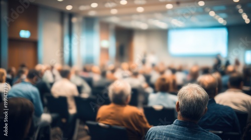 Blurred conference audience in a large room attending a presentation