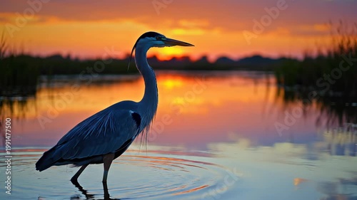 Heron Wading at Sunset in Tranquil Water