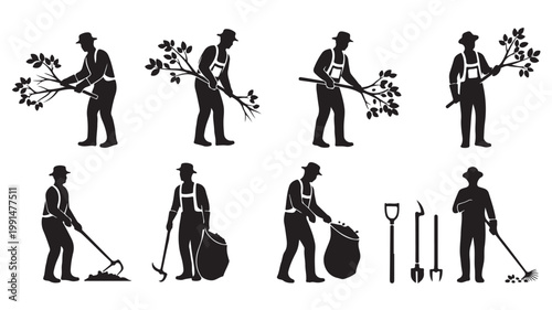 Cleaning workers and sanitation service silhouette set vector