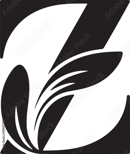 Stylized letter z featuring floral leaf in a bold black and white style alphabet typography