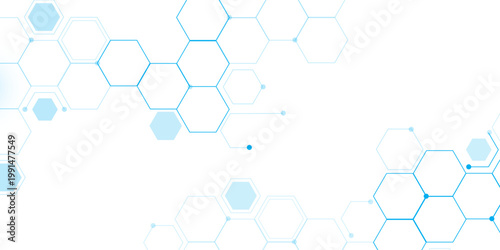 Molecular structure abstract tech background. Geometric blue background. Vector banner design with hexagons. Science network pattern, connecting lines and dots Medical background, Vector illustration.