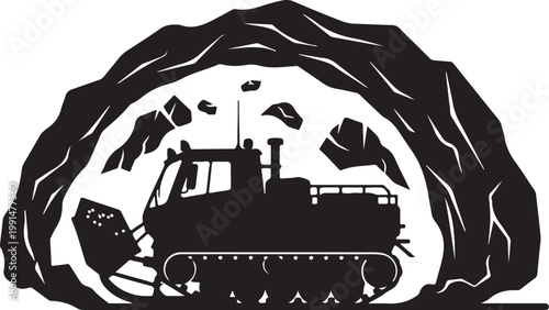 Black silhouette bulldozer, excavator, mining vehicle, digging, tunnel, rock, earthmoving equipment