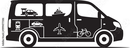 Black van silhouette, travel icons, transportation graphics, vehicle illustration