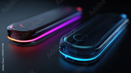 Futuristic electronic devices with glowing edges and dark background